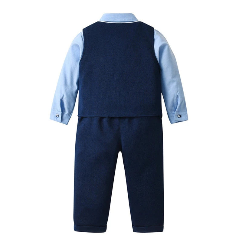 Chic Boys' 3-Piece Suit – Blue Shirt, Waistcoat and Trousers with Bow Tie