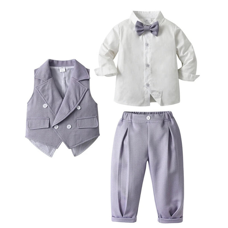 Chic Boys' 3-Piece Suit – Blue Shirt, Waistcoat and Trousers with Bow Tie