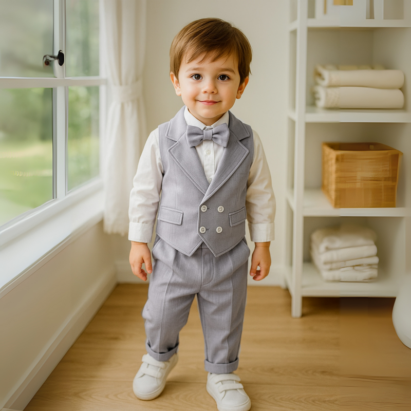 Chic Boys' 3-Piece Suit – Blue Shirt, Waistcoat and Trousers with Bow Tie