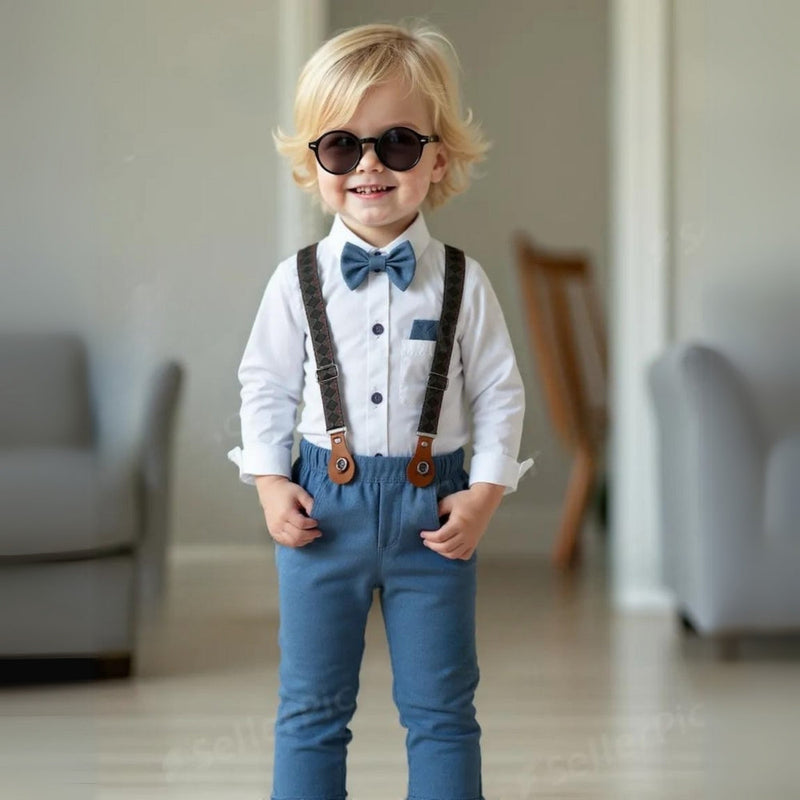 Chic Boys' 3-Piece Suit – Blue Shirt, Waistcoat and Trousers with Bow Tie