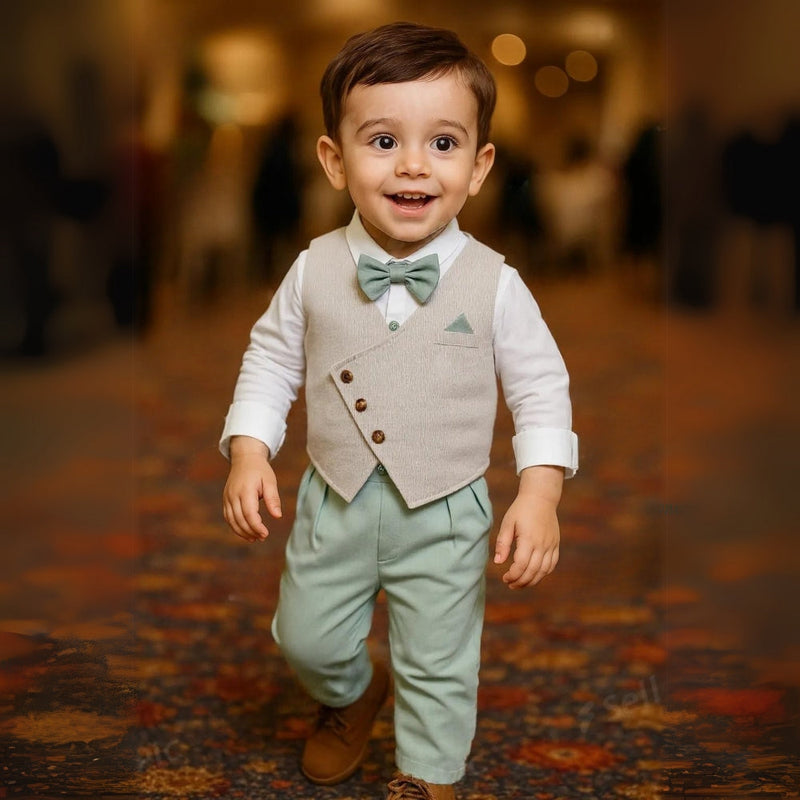 Chic Boys' 3-Piece Suit – Blue Shirt, Waistcoat and Trousers with Bow Tie