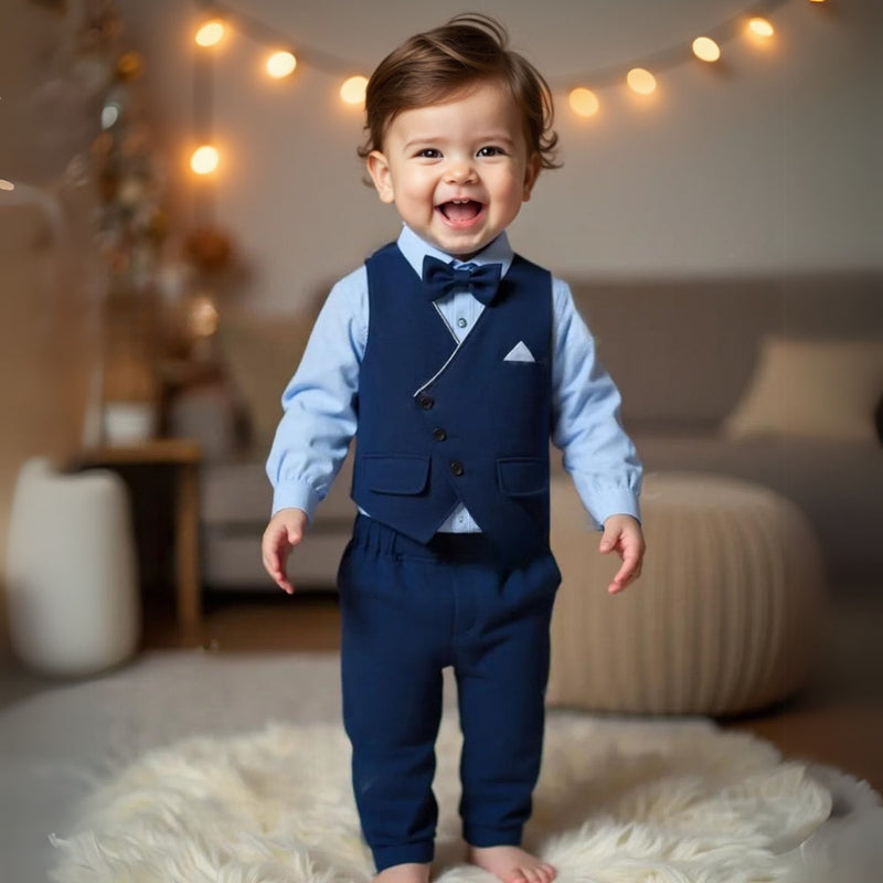 Chic Boys' 3-Piece Suit – Blue Shirt, Waistcoat and Trousers with Bow Tie