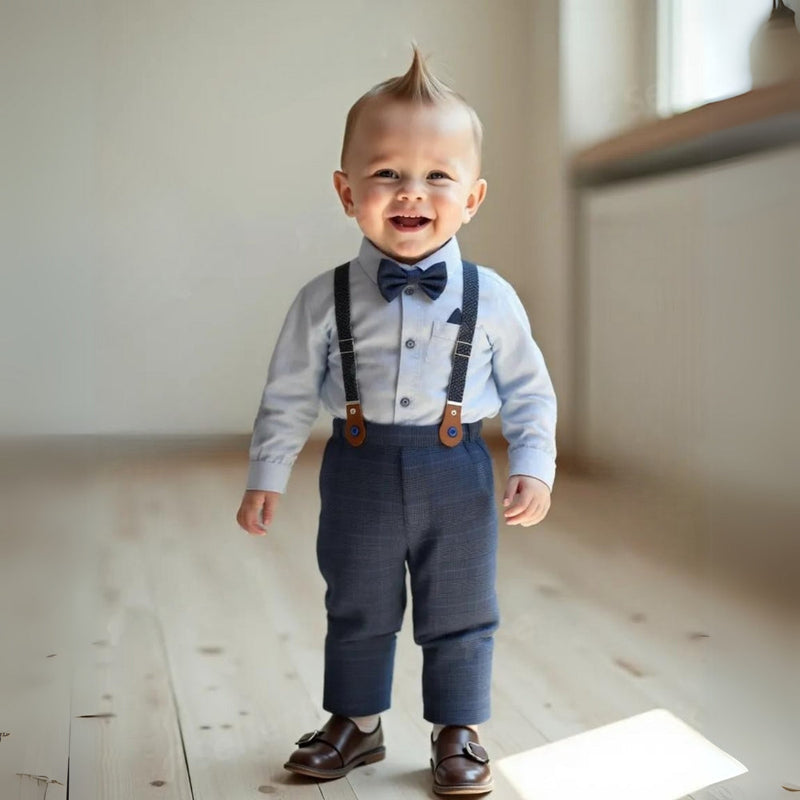 Chic Boys' 3-Piece Suit – Blue Shirt, Waistcoat and Trousers with Bow Tie