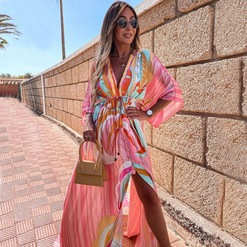 Ladies' Summer Maxi Dress with Abstract Print and Belt