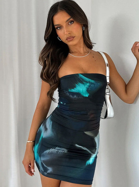 Ladies' Strapless Mini Dress with Abstract Print