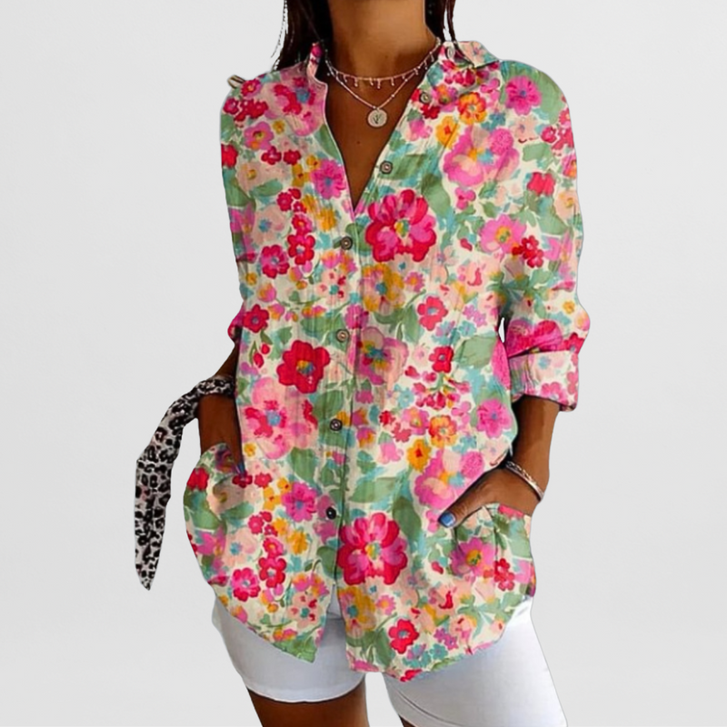 Ladies' Blouse with Tropical Floral Pattern and Loose Fit