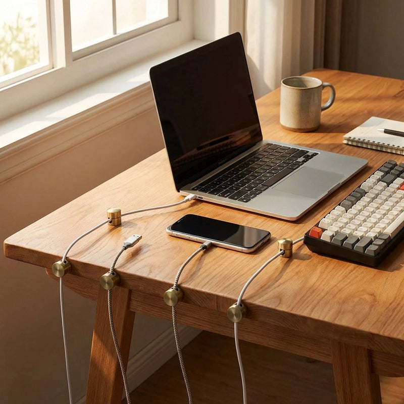 Cable Organiser Set with Cylindrical Metal Holders for Desks