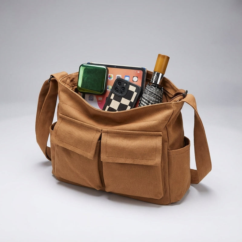 Messenger Bag in Canvas with Multiple Pockets and Adjustable Strap