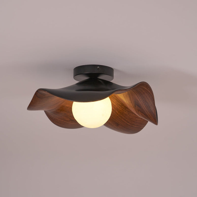 Organic Wave Wood Grain Flush Mount Ceiling Light