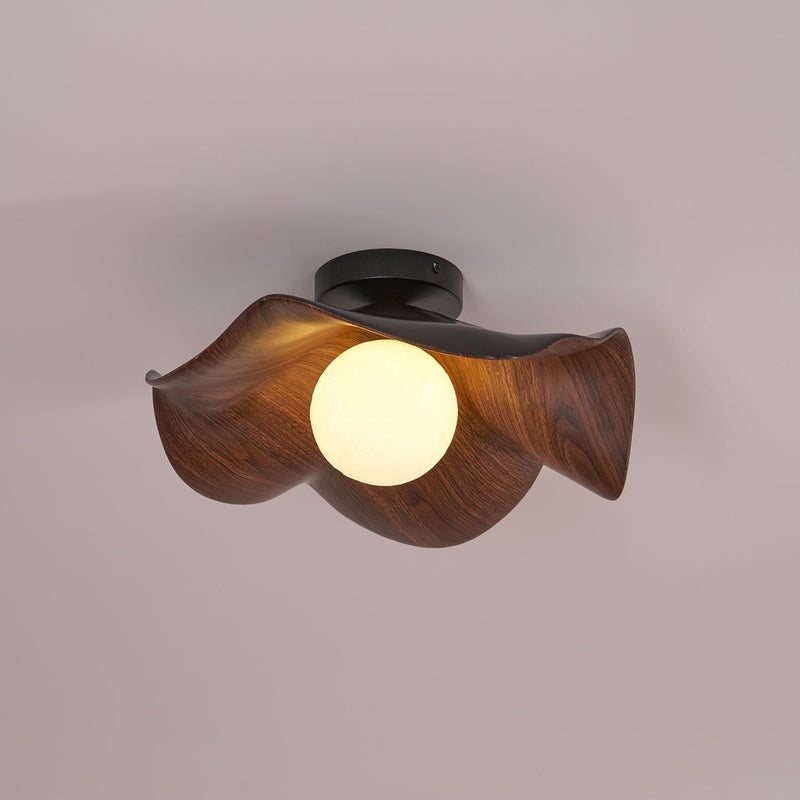 Organic Wave Wood Grain Flush Mount Ceiling Light