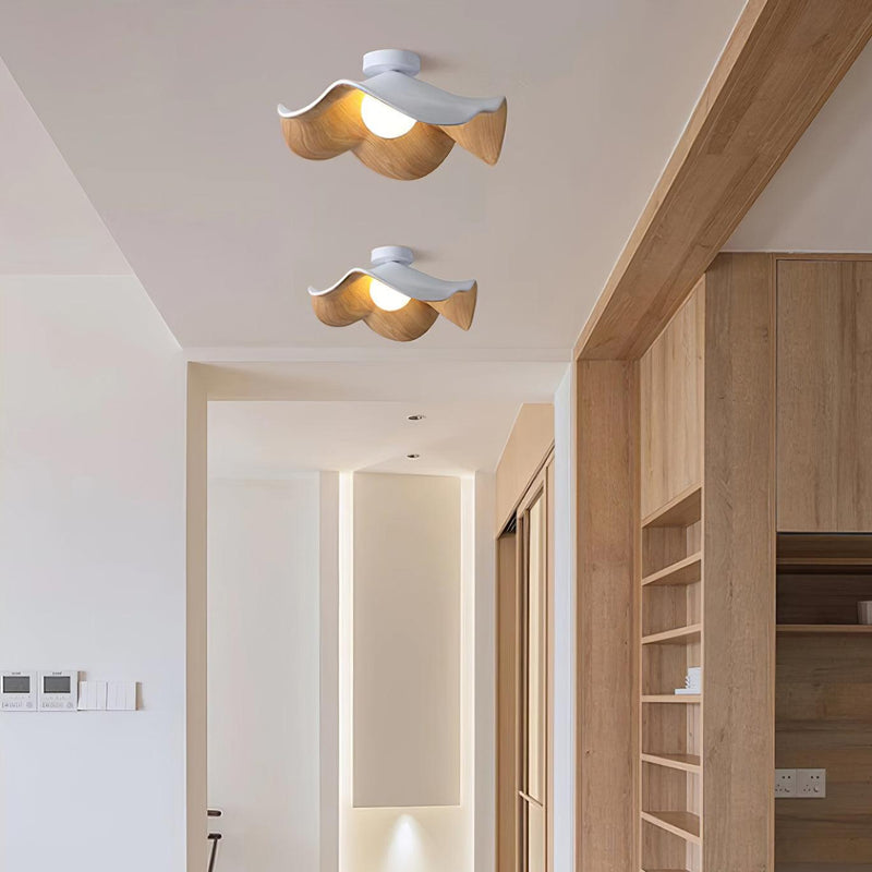 Organic Wave Wood Grain Flush Mount Ceiling Light