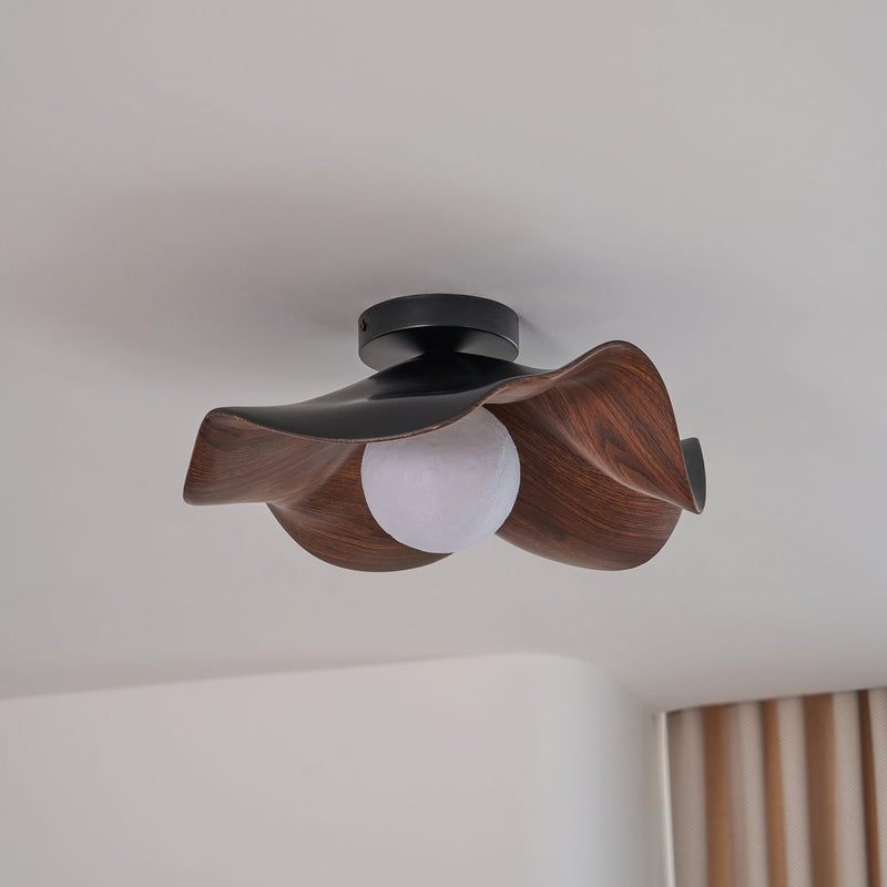 Organic Wave Wood Grain Flush Mount Ceiling Light