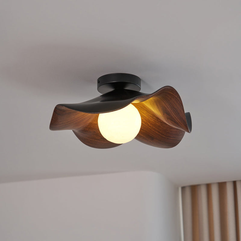 Organic Wave Wood Grain Flush Mount Ceiling Light