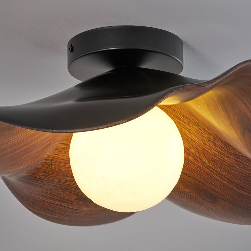 Organic Wave Wood Grain Flush Mount Ceiling Light