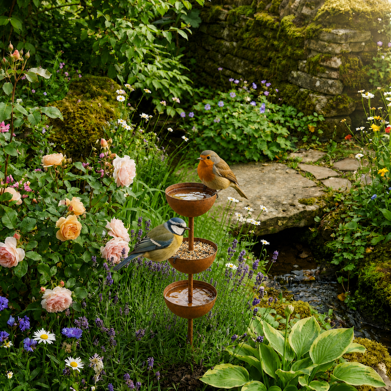 Three-Tier Iron Garden Bird Station with Ground Stake