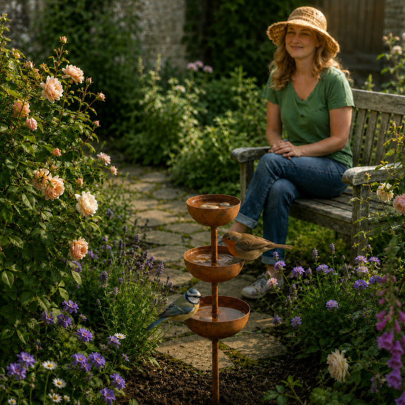 Three-Tier Iron Garden Bird Station with Ground Stake