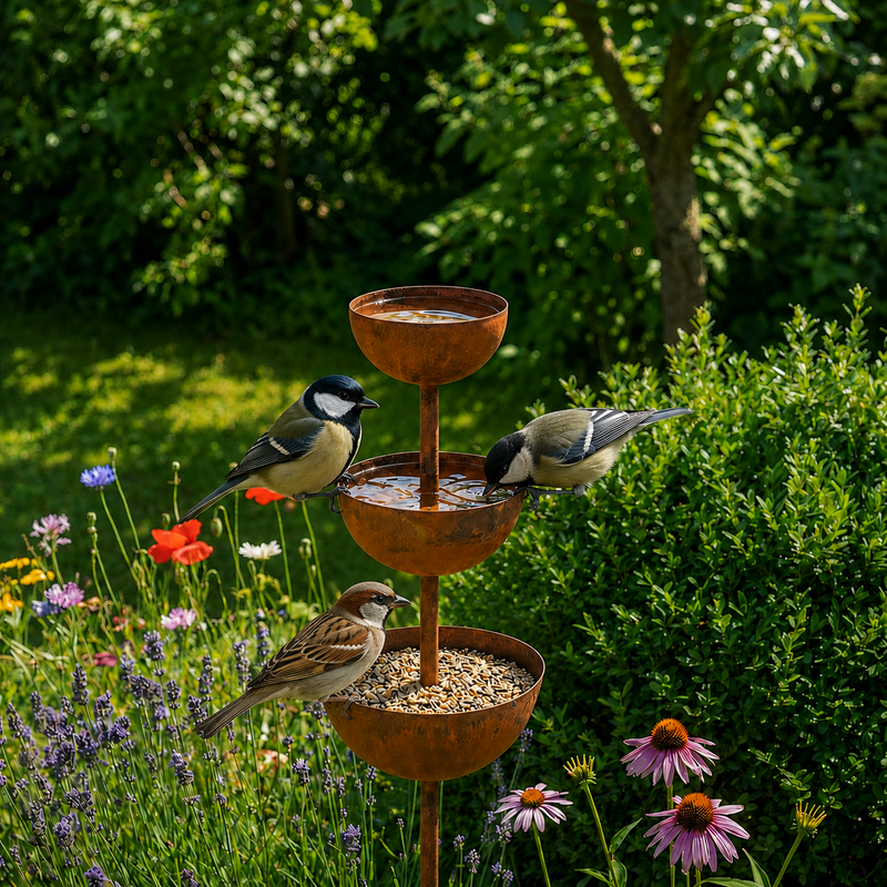 Three-Tier Iron Garden Bird Station with Ground Stake