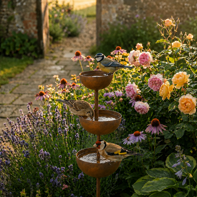 Three-Tier Iron Garden Bird Station with Ground Stake
