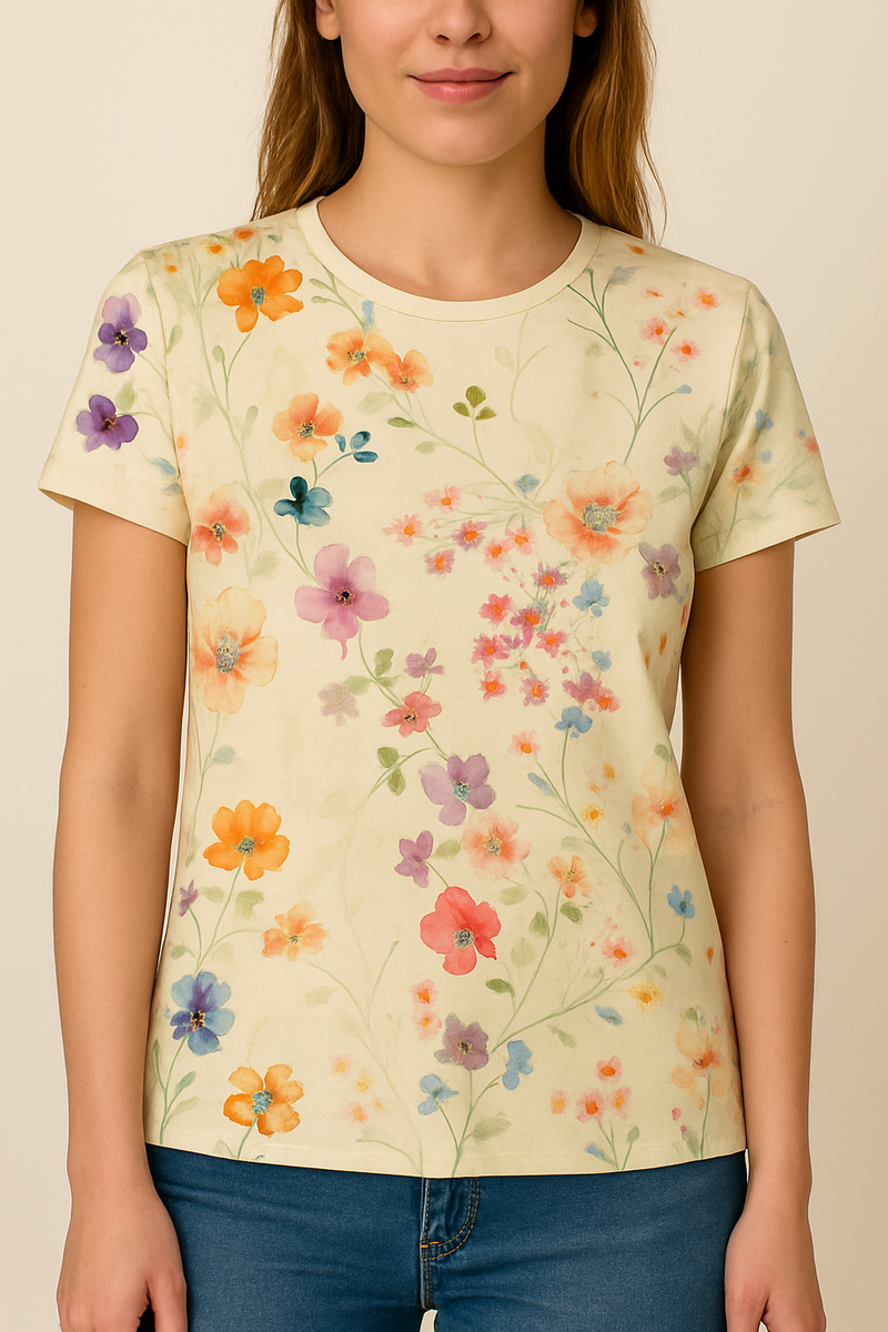 Ladies' T-shirt with Floral Pattern and Comfortable Stretch for Everyday Use