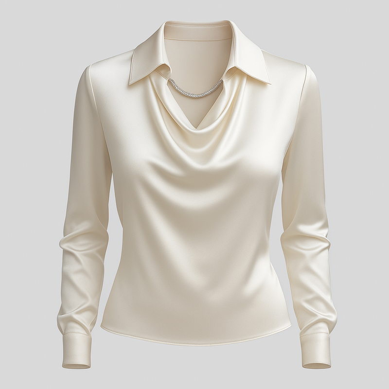 Ladies Satin Blouse with Waterfall Neckline and Long Sleeves