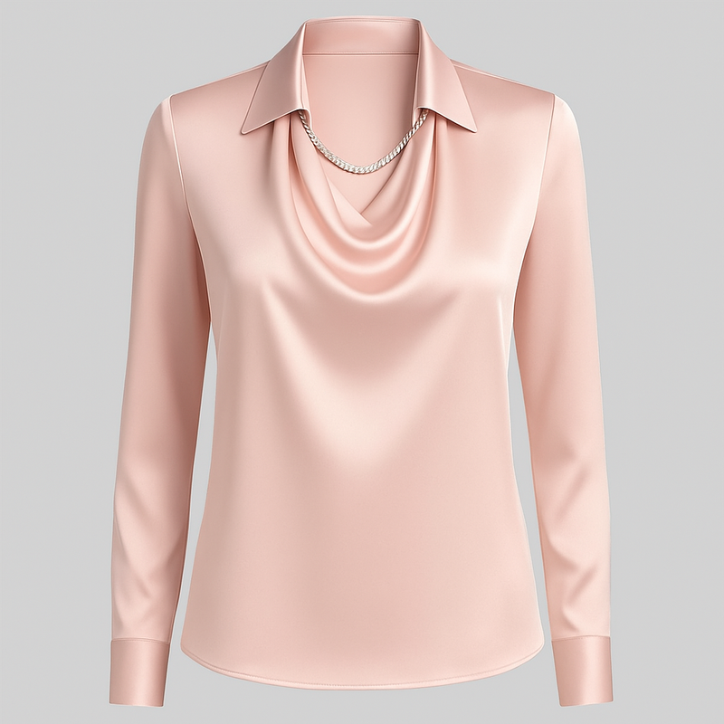 Ladies Satin Blouse with Waterfall Neckline and Long Sleeves
