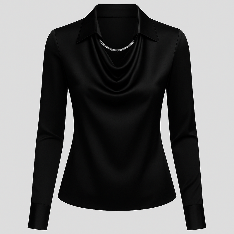 Ladies Satin Blouse with Waterfall Neckline and Long Sleeves