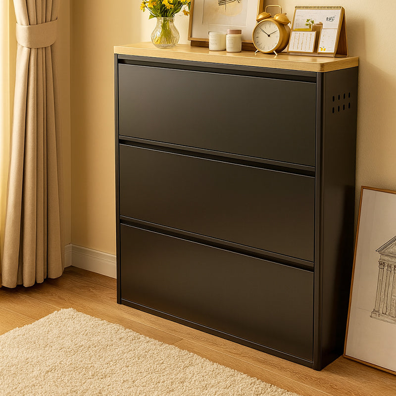Slim Steel Shoe Cabinet with Flip-Drawer Storage