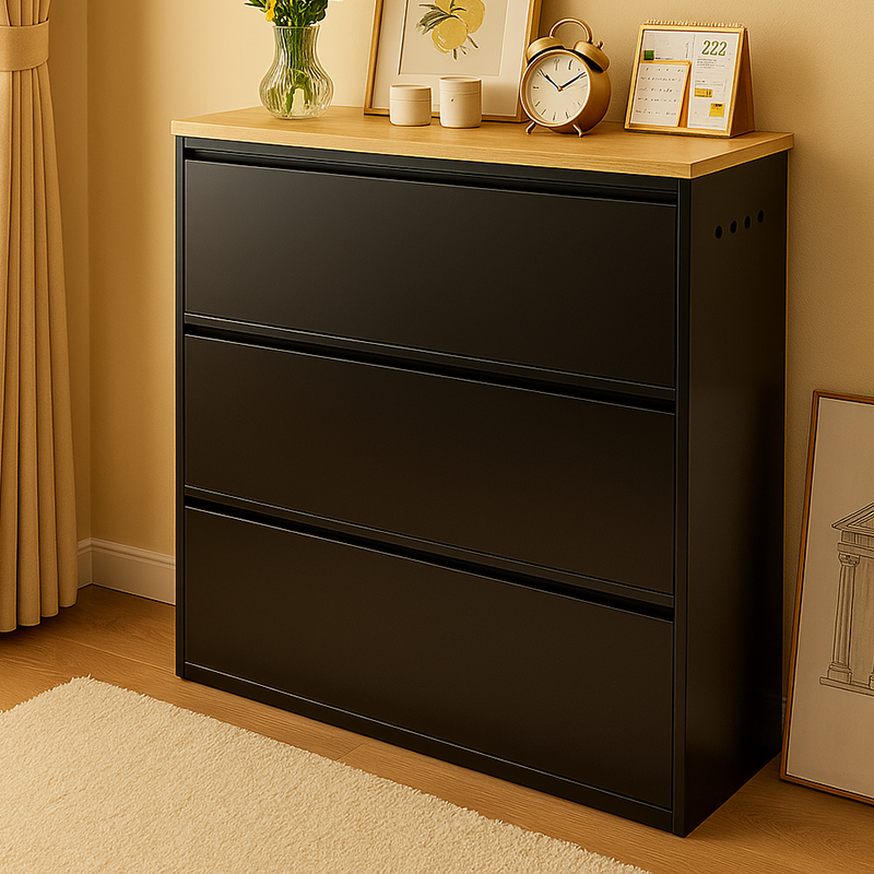 Slim Steel Shoe Cabinet with Flip-Drawer Storage