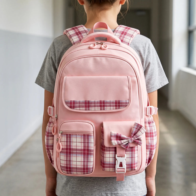 School Backpack with Checked Panels and Adjustable Chest Strap