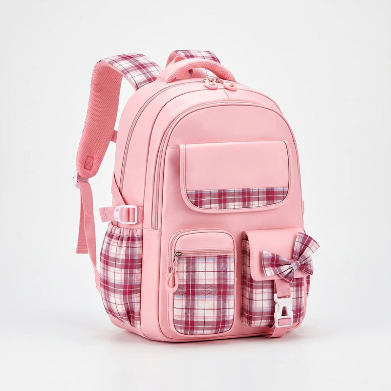 School Backpack with Checked Panels and Adjustable Chest Strap