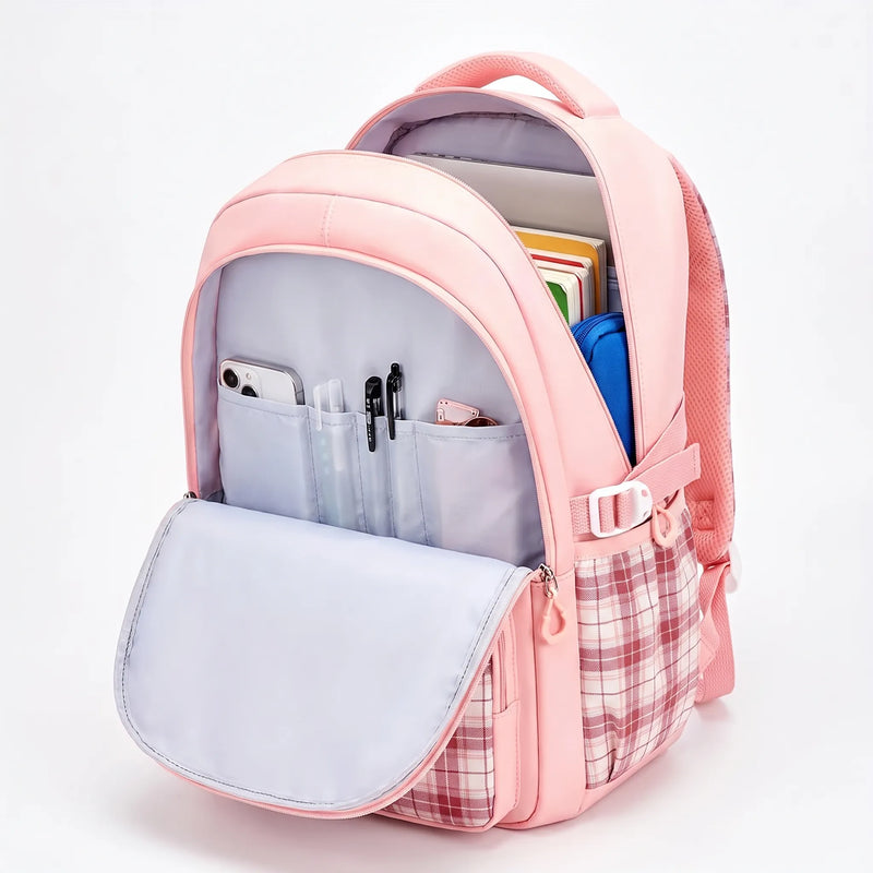 School Backpack with Checked Panels and Adjustable Chest Strap