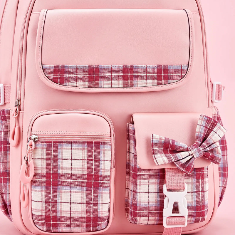 School Backpack with Checked Panels and Adjustable Chest Strap