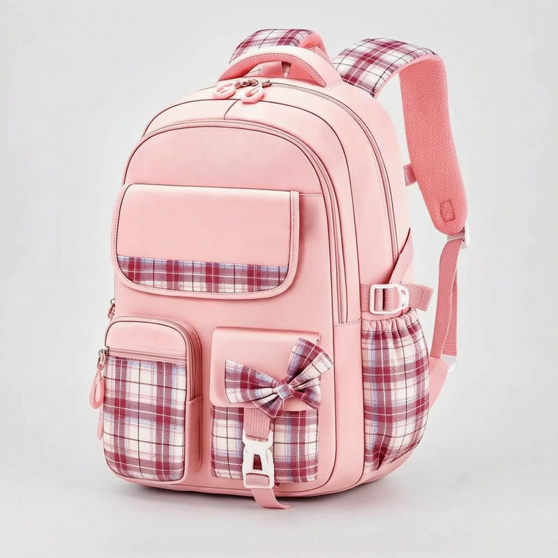 School Backpack with Checked Panels and Adjustable Chest Strap