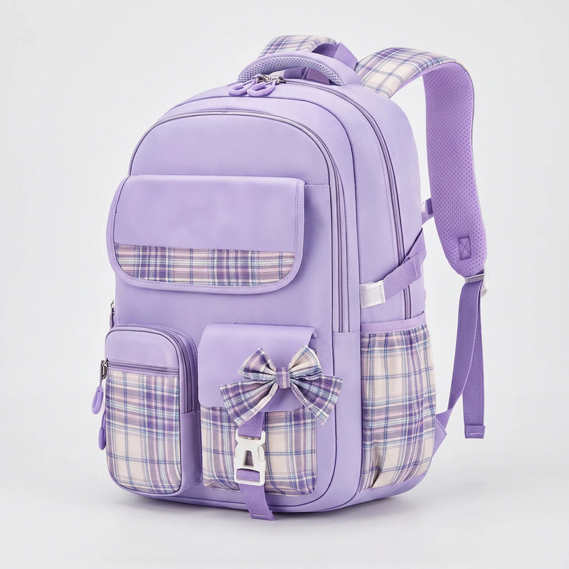 School Backpack with Checked Panels and Adjustable Chest Strap