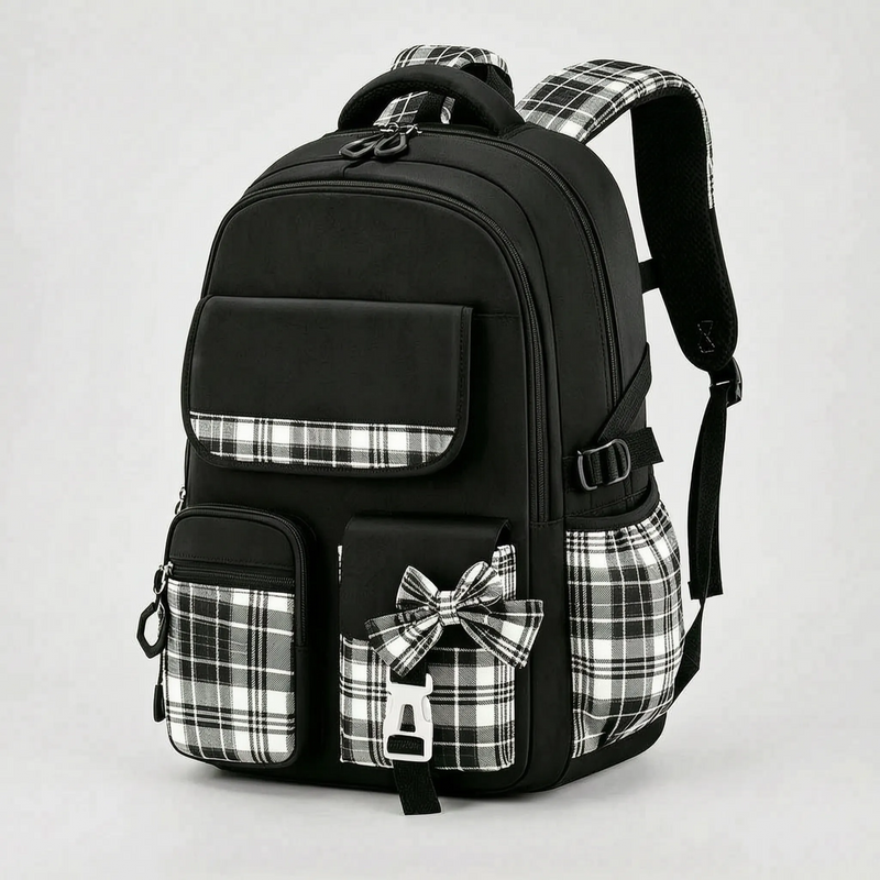 School Backpack with Checked Panels and Adjustable Chest Strap