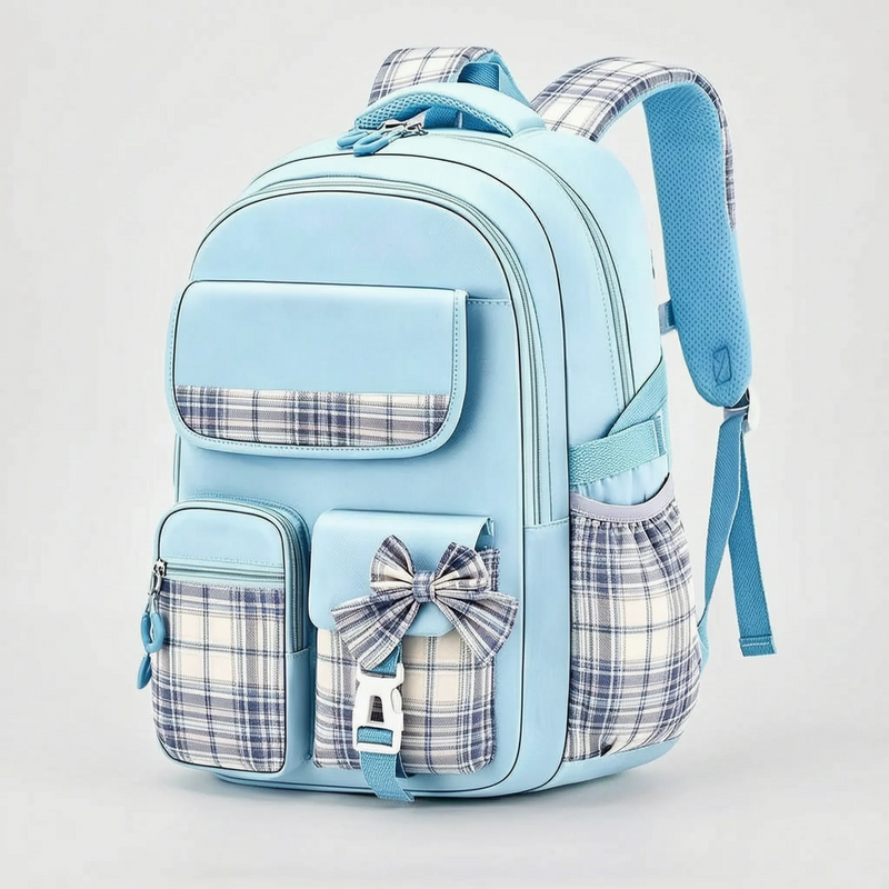 School Backpack with Checked Panels and Adjustable Chest Strap