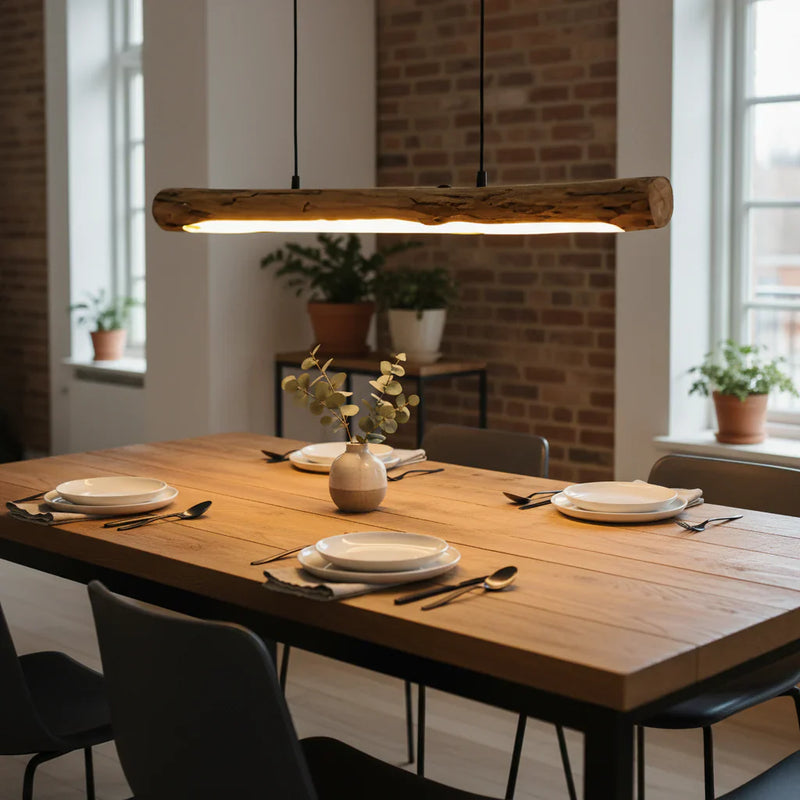 Wooden Pendant Lamp with Dimmable LED Lighting for Dining Table with Warm Natural Design
