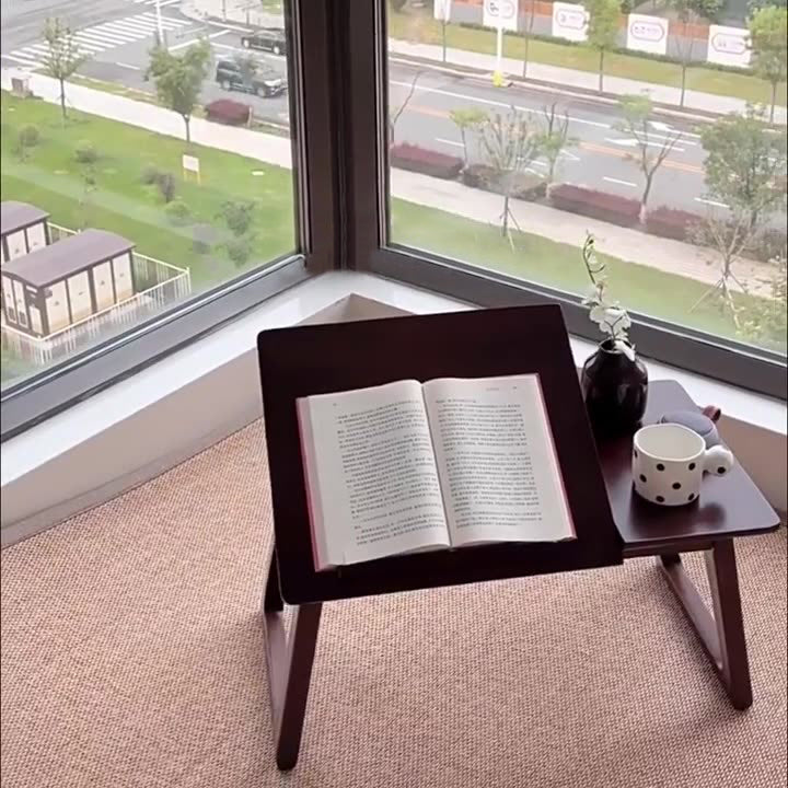 Folding Solid Wood Side Table with Adjustable Top