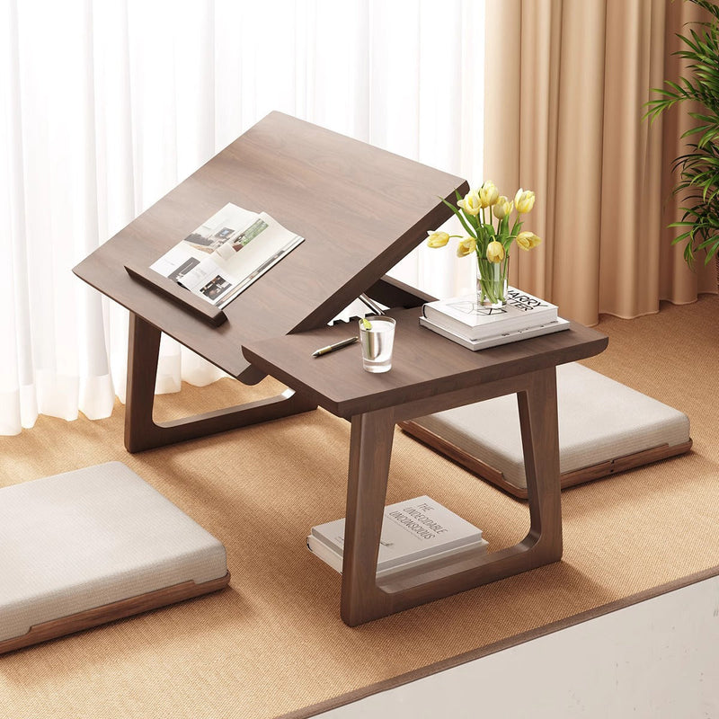 Folding Solid Wood Side Table with Adjustable Top