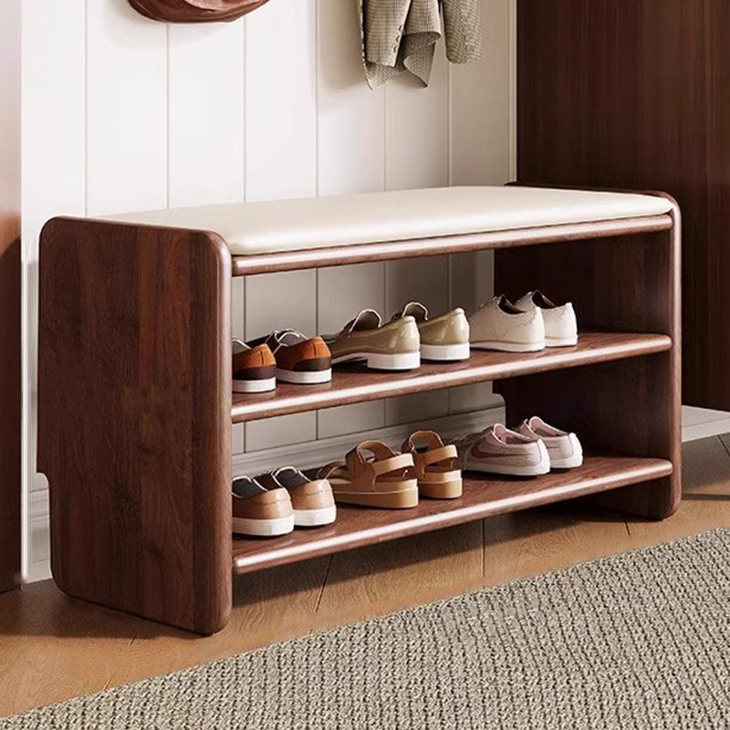 Two-Tier Solid Wood Shoe Bench with Padded Seat for Entryway Storage