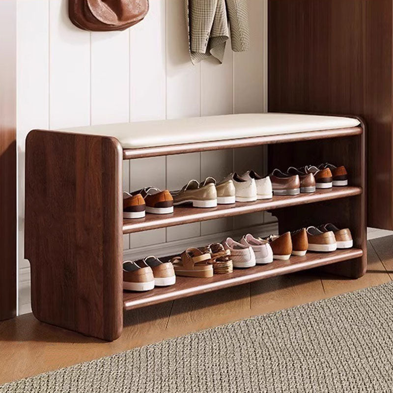 Two-Tier Solid Wood Shoe Bench with Padded Seat for Entryway Storage