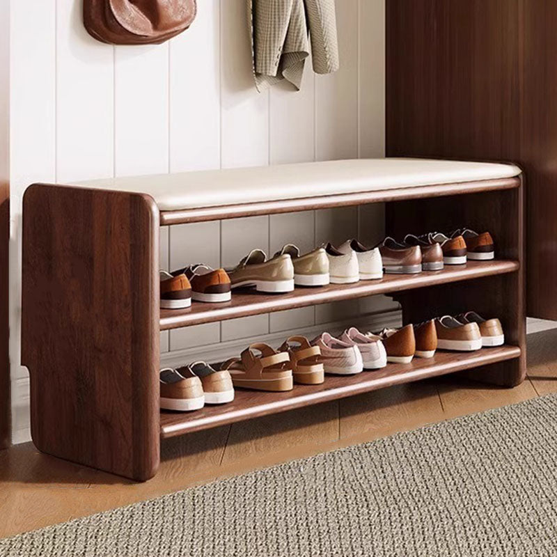 Two-Tier Solid Wood Shoe Bench with Padded Seat for Entryway Storage