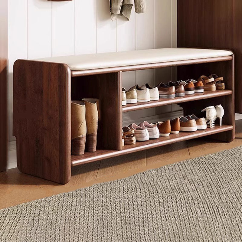 Two-Tier Solid Wood Shoe Bench with Padded Seat for Entryway Storage