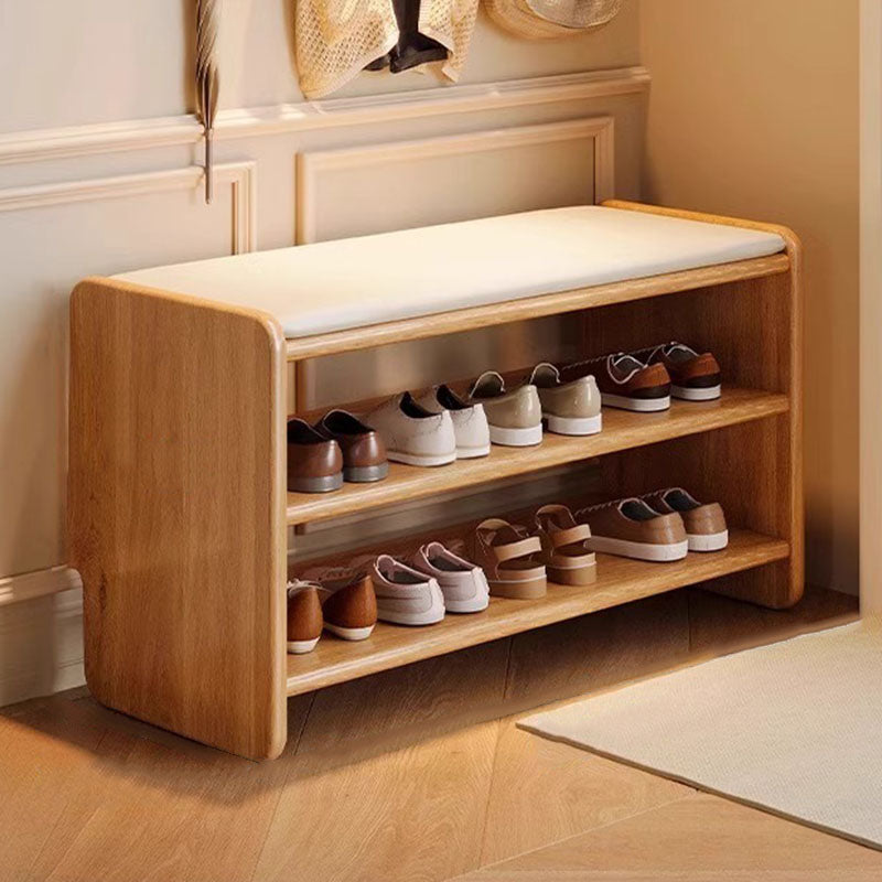 Two-Tier Solid Wood Shoe Bench with Padded Seat for Entryway Storage