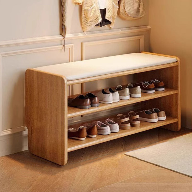 Two-Tier Solid Wood Shoe Bench with Padded Seat for Entryway Storage