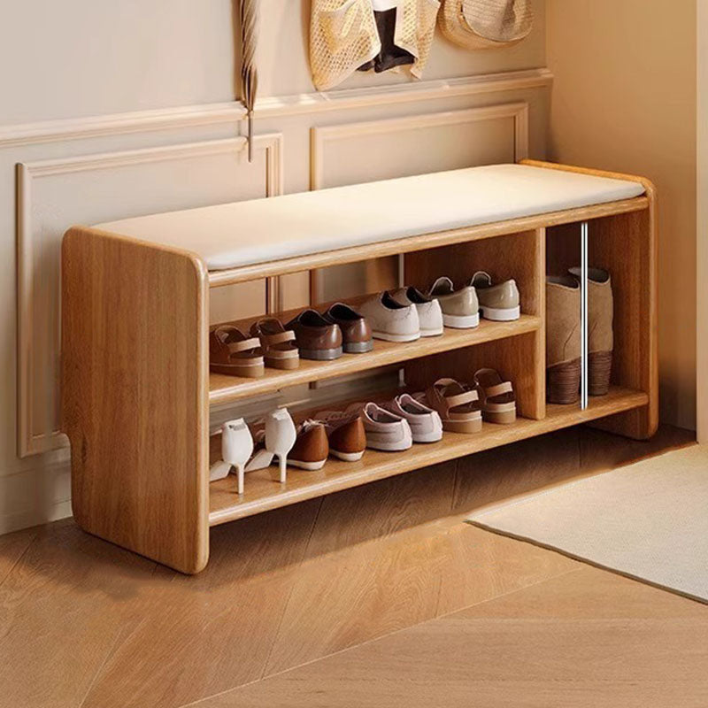 Two-Tier Solid Wood Shoe Bench with Padded Seat for Entryway Storage