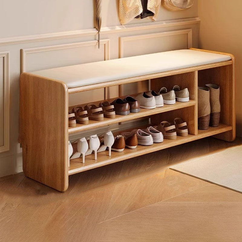 Two-Tier Solid Wood Shoe Bench with Padded Seat for Entryway Storage