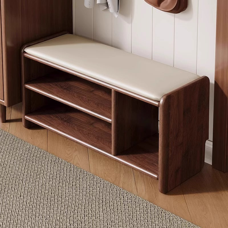 Two-Tier Solid Wood Shoe Bench with Padded Seat for Entryway Storage