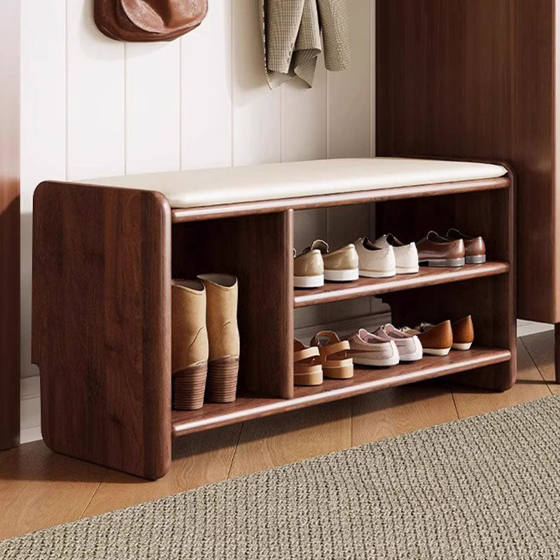 Two-Tier Solid Wood Shoe Bench with Padded Seat for Entryway Storage
