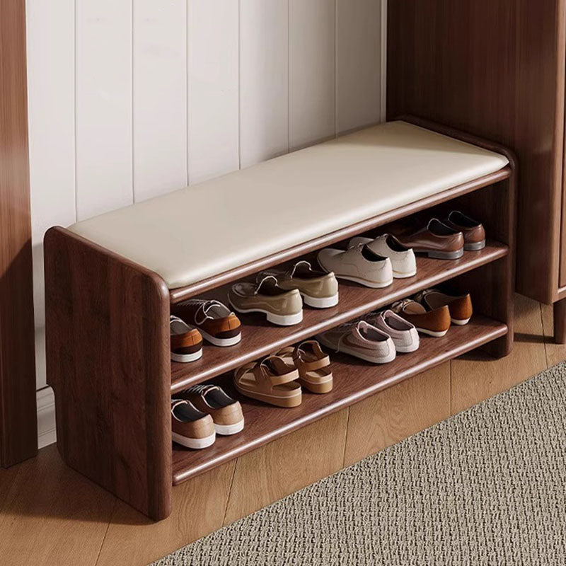 Two-Tier Solid Wood Shoe Bench with Padded Seat for Entryway Storage